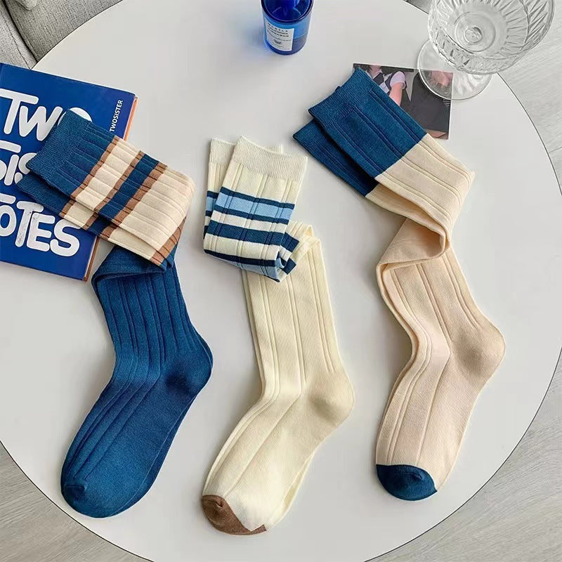 Blue Striped Calf High Socks | Preppy JK Style Women's Socks