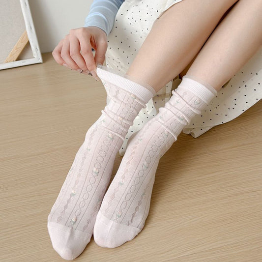 Floral Mesh Cotton Crew Socks for Women | Breathable Spring Summer