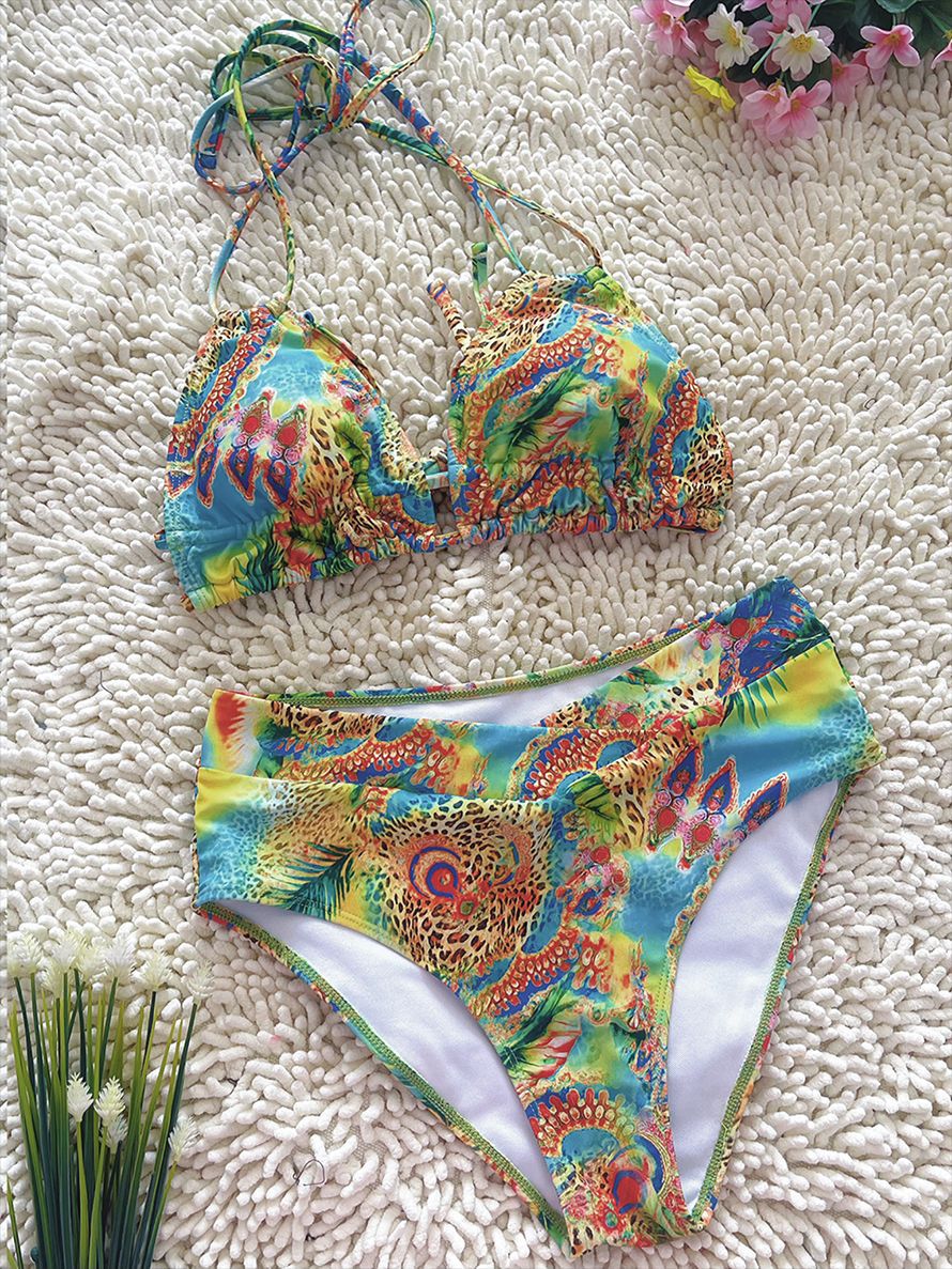 Printed Halter High-Waist Bikini Set | Women's Vacation Swimwear