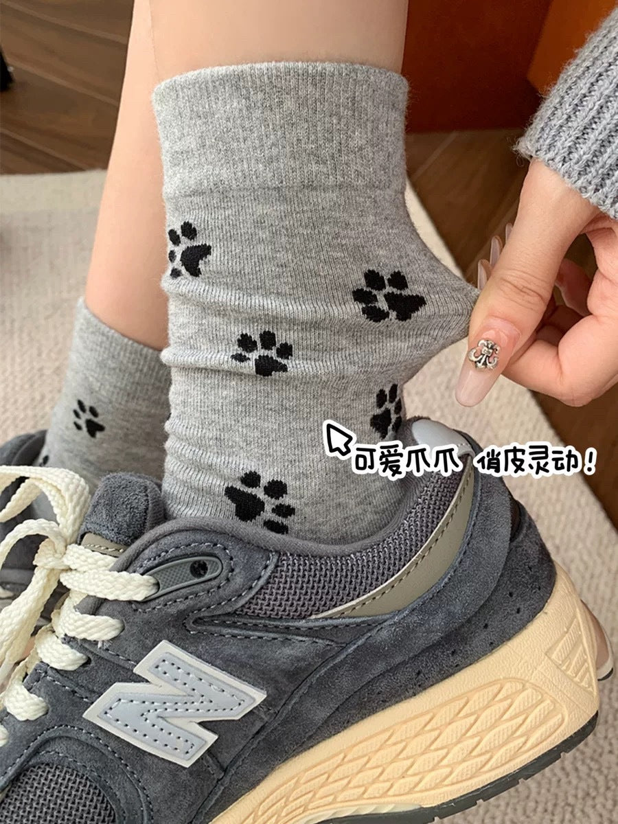 Playful Cat Paw Cotton Crew Socks for Women | Casual Patterned