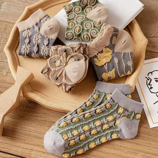 Vintage Floral Ankle Socks | Breathable Low Cut Socks for Women