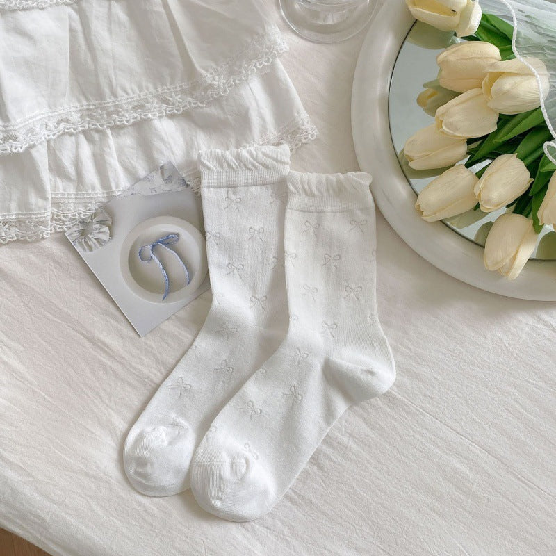 Ruffled Bow Cotton Crew Socks | Balletcore Socks for Women