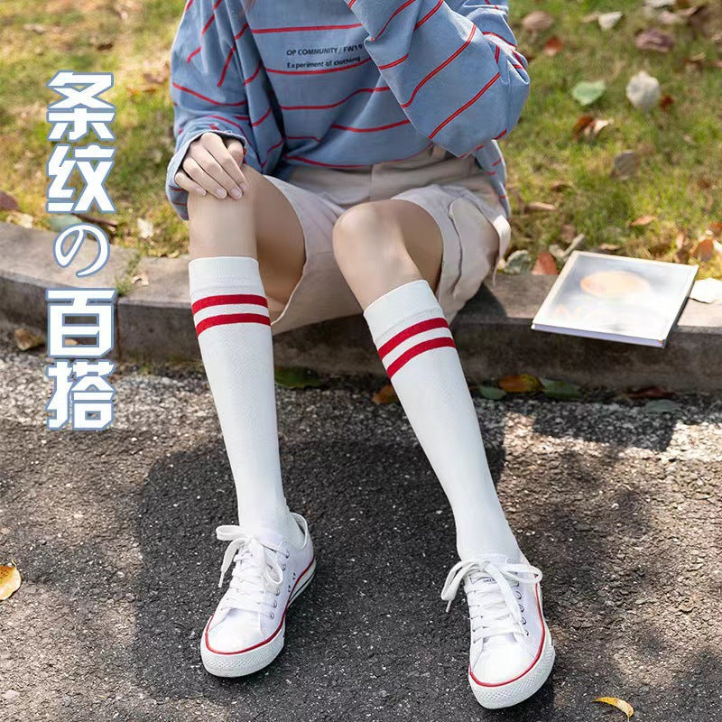 Two-Stripe Athletic Calf Socks | Breathable Cotton Retro Sports Socks