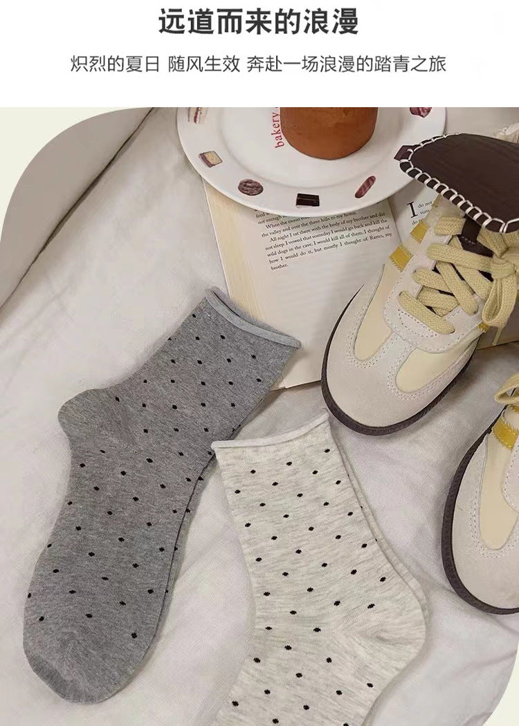 Polka Dot Cotton Crew Socks | Women's Rolled Edge Mid Calf Socks