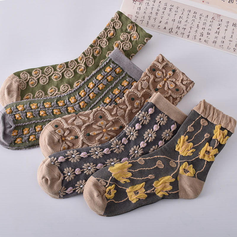 Vintage Floral Crew Socks for Women | Textured Retro Cotton Socks