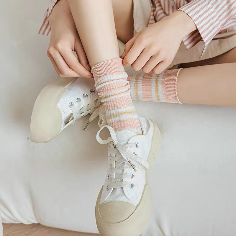 Cotton Crew Socks for Women | Preppy Pastel Embroidered Mid Calf
