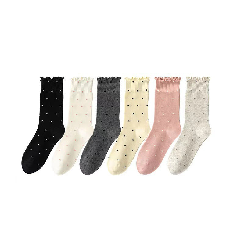 Ruffled Polka Dot Cotton Crew Socks for Women