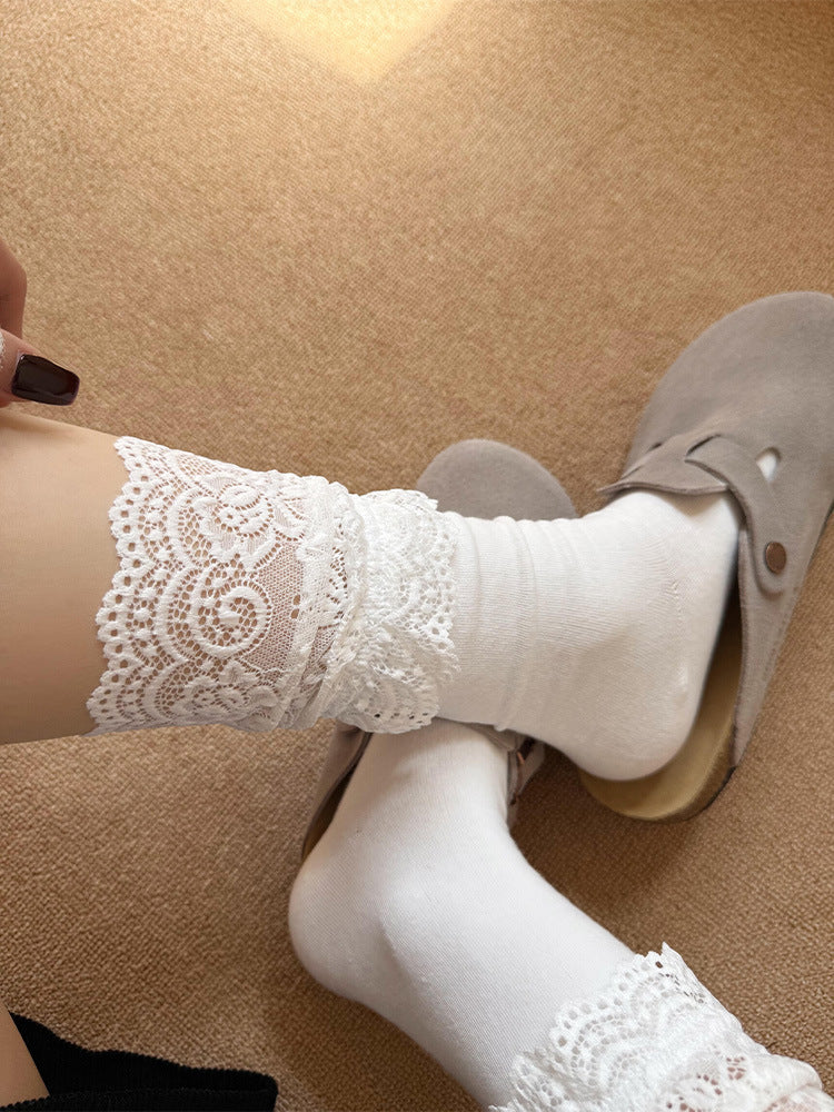 Lace Top Crew Socks for Women | Breathable Thin Mid Calf Socks