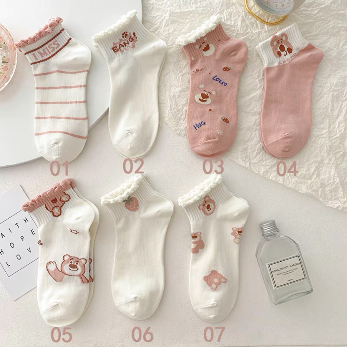 Cute Ruffled Ankle Socks for Women | Pink Strawberry Bear Cotton Socks