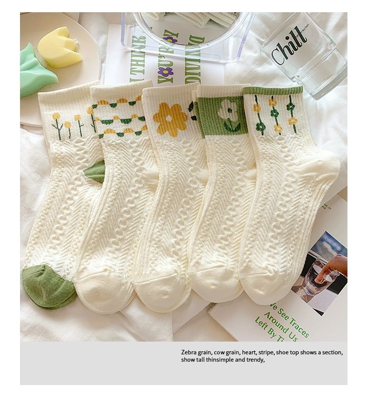 Cotton Floral Crew Socks for Women | Green Patterned Casual Socks