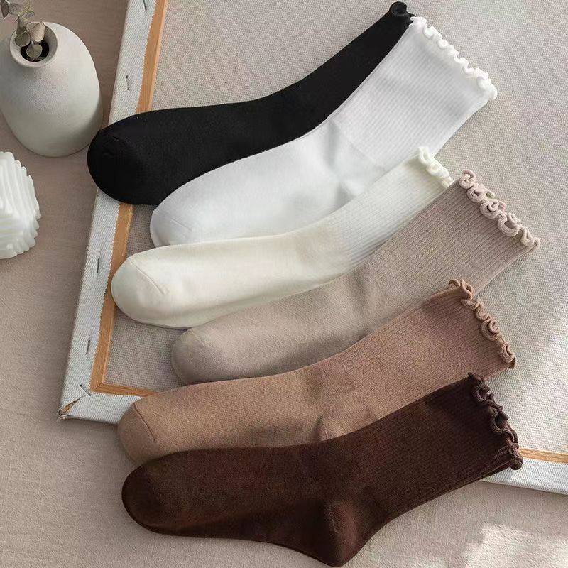 Ruffled Edge Crew Socks for Women | Neutral Cotton Everyday Socks