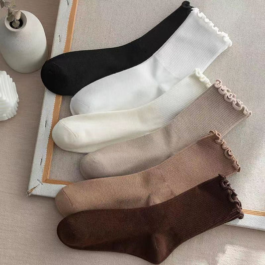 Ruffled Edge Crew Socks for Women | Neutral Cotton Everyday Socks