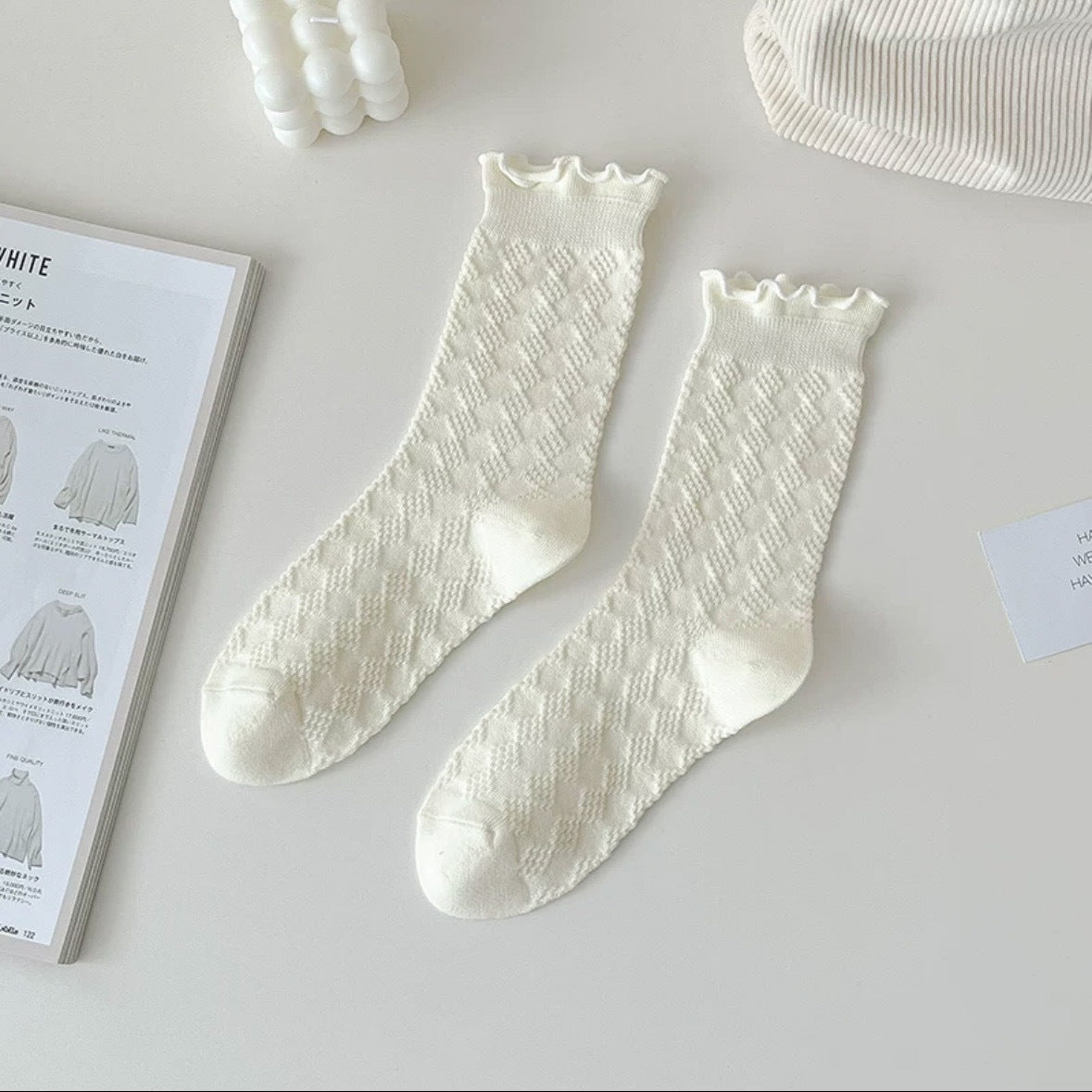 Cream Cotton Crew Socks for Women | Breathable Patterned Socks