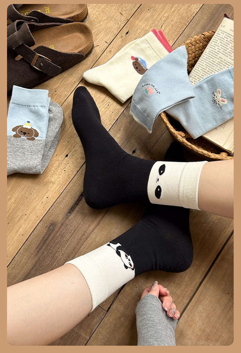 Cute Cartoon Cotton Crew Socks | Seamless Women's Mid Calf Socks