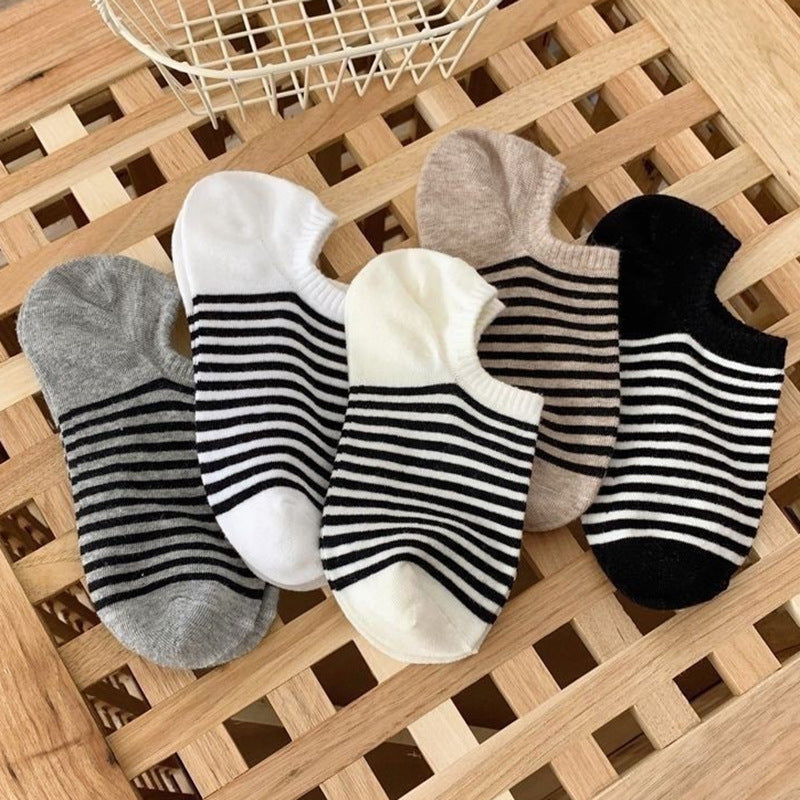 Striped No-Show Socks for Women | Non-Slip Invisible Cotton Socks