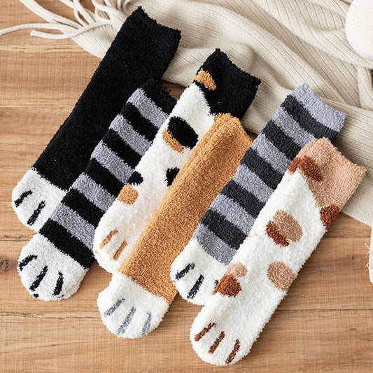 Fuzzy Cat Paw Cozy Crew Socks | Warm Winter Lounge Socks
