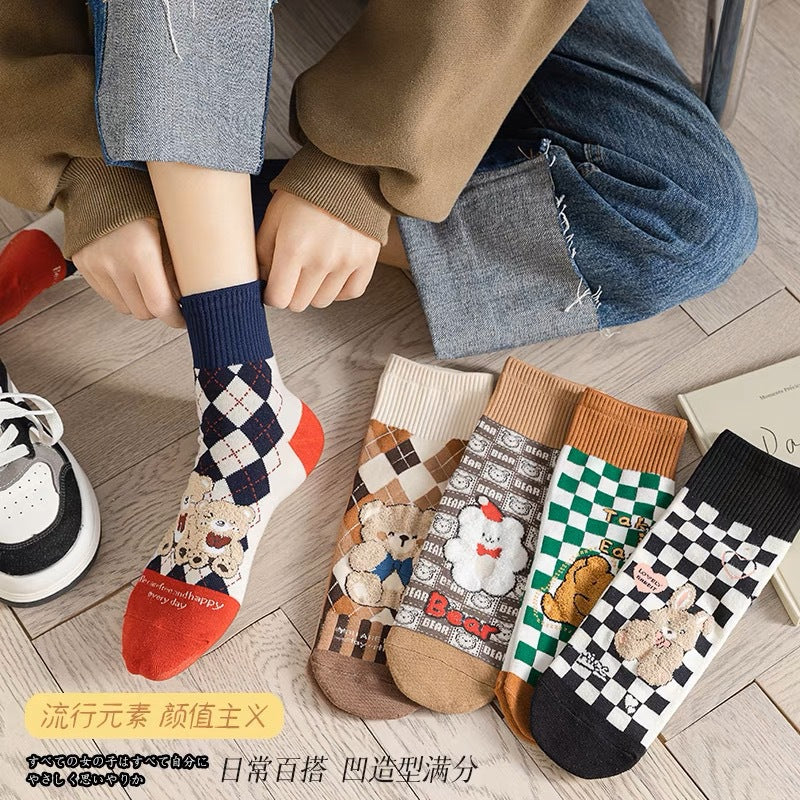 Cute Cotton Novelty Crew Socks | Checkered Bear Women's Socks