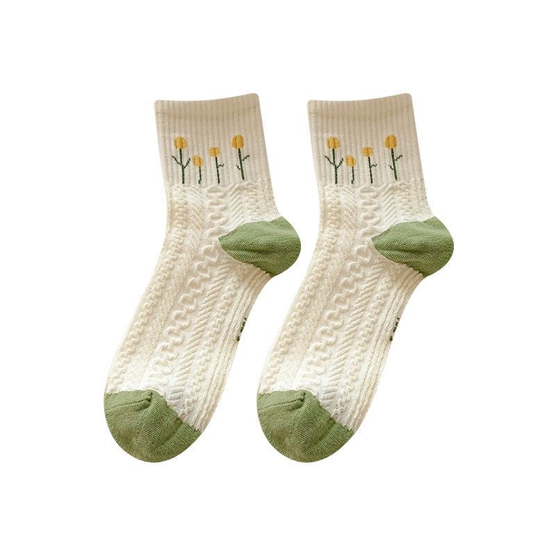 Cotton Floral Crew Socks for Women | Green Patterned Casual Socks
