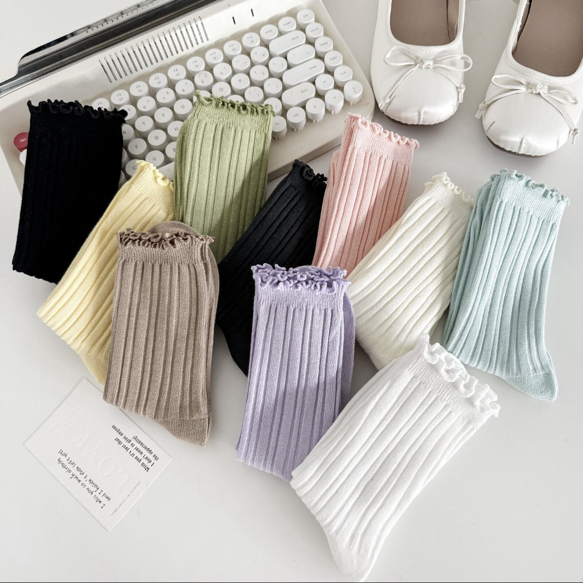 Ruffle Trim Solid Cotton Crew Socks for Women