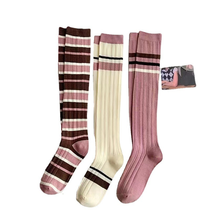 Pink Striped Knee High Socks | Women's Preppy Patterned Calf Socks