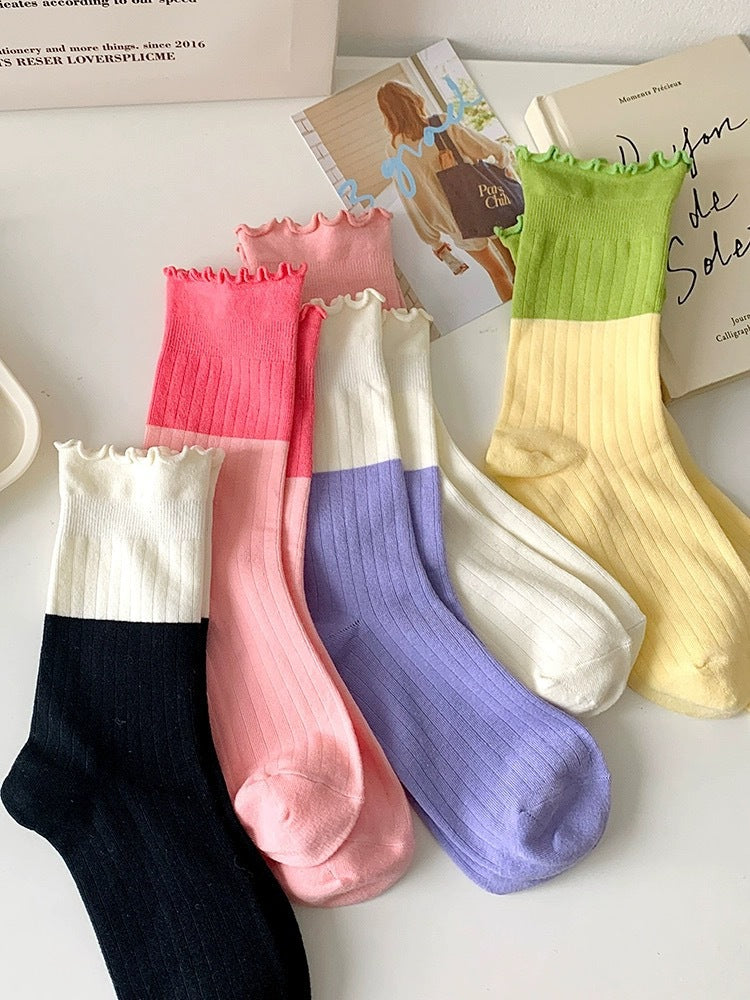 Cute Colorblock Ruffled Cotton Crew Socks for Women