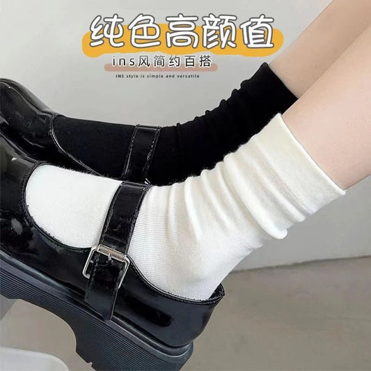 Solid Cotton Slouch Crew Socks for Women | Plain Mid Calf Socks