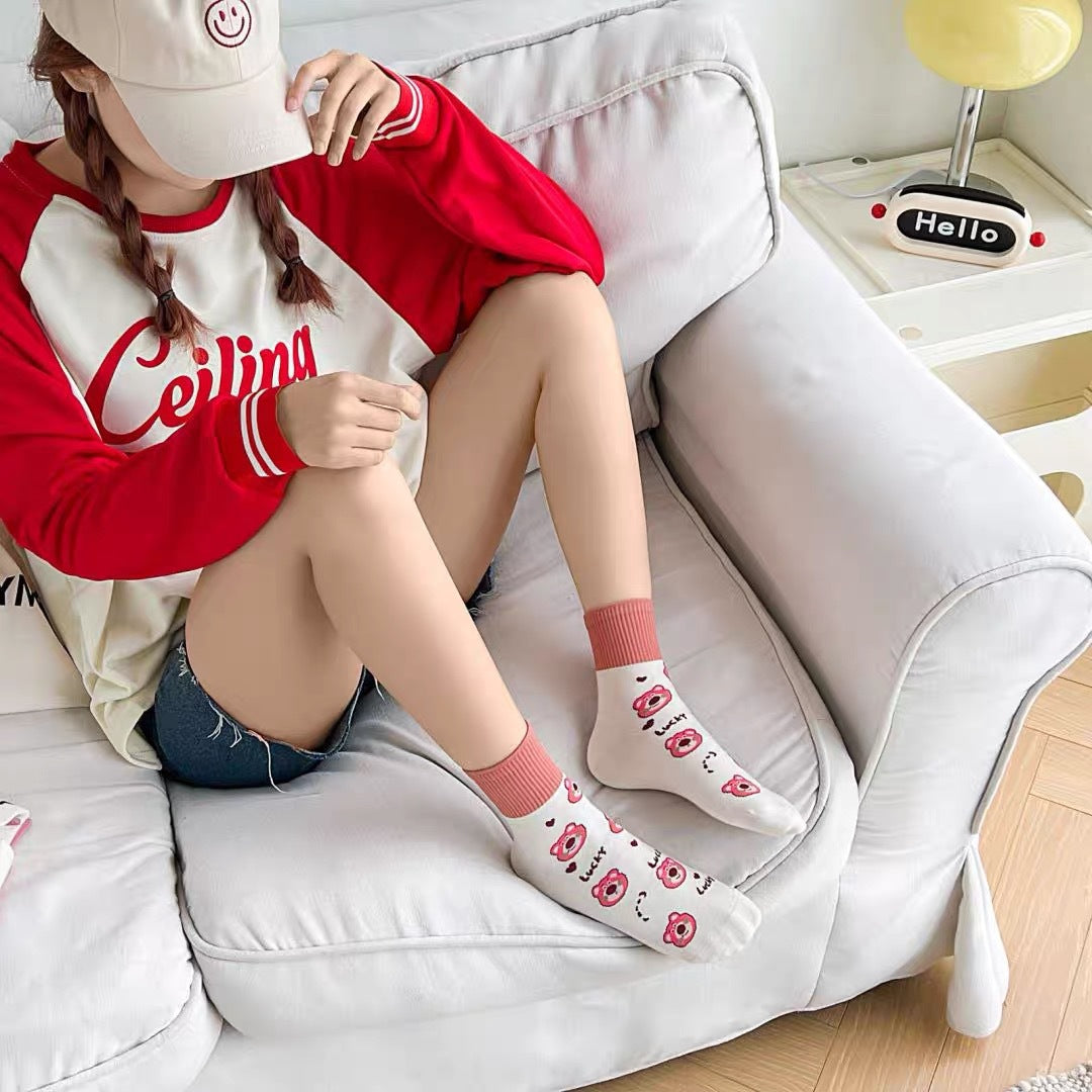 Cute Cotton Novelty Crew Socks | Strawberry Bear Print for Women