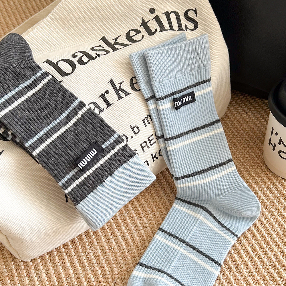 Women's Striped Cotton Crew Socks | Trendy Mid-Calf Socks