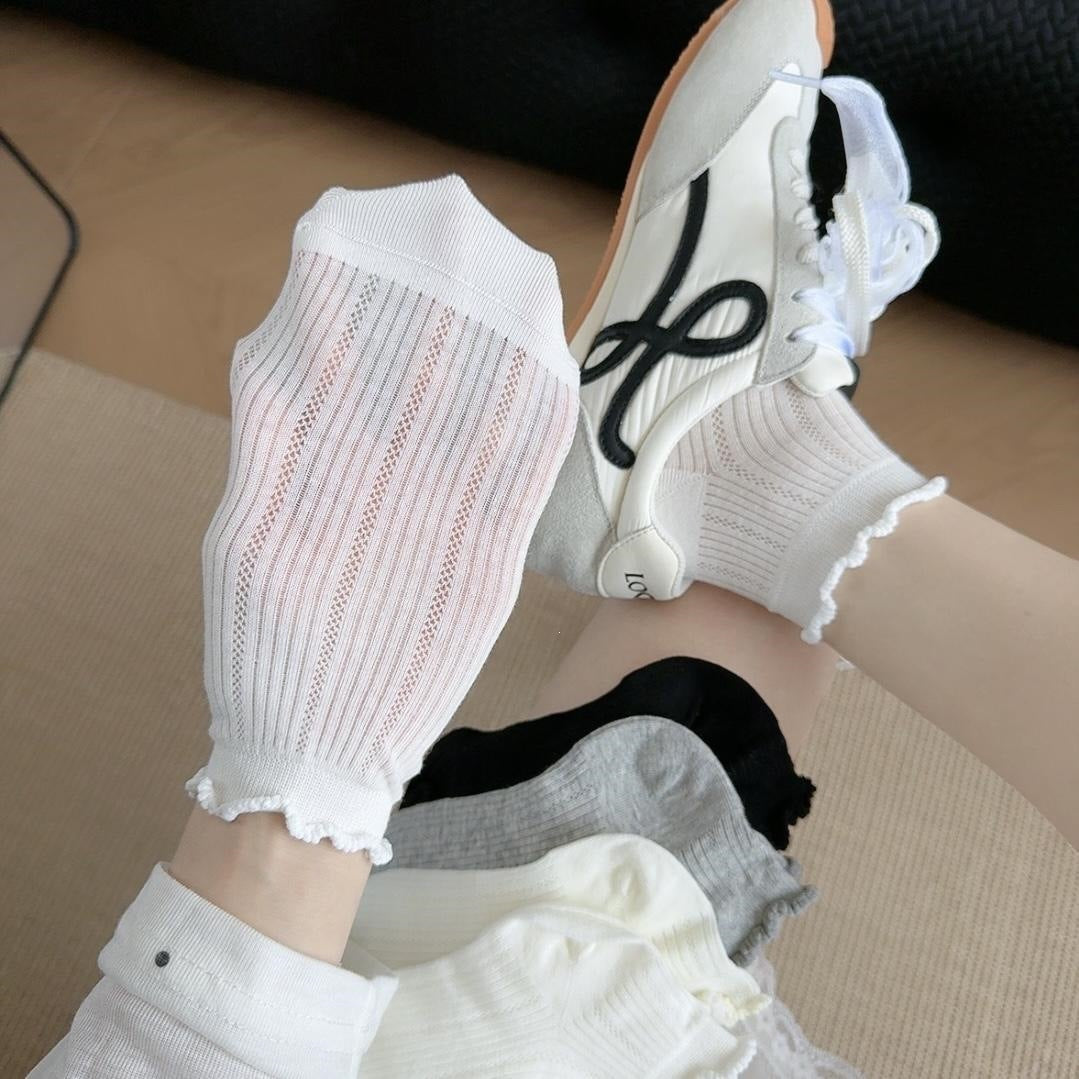 Ruffle Trim Mesh Ankle Socks for Women | Breathable Summer Socks