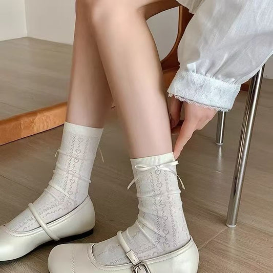 White Patterned Crew Socks for Women | Summer Thin Mary Jane Socks