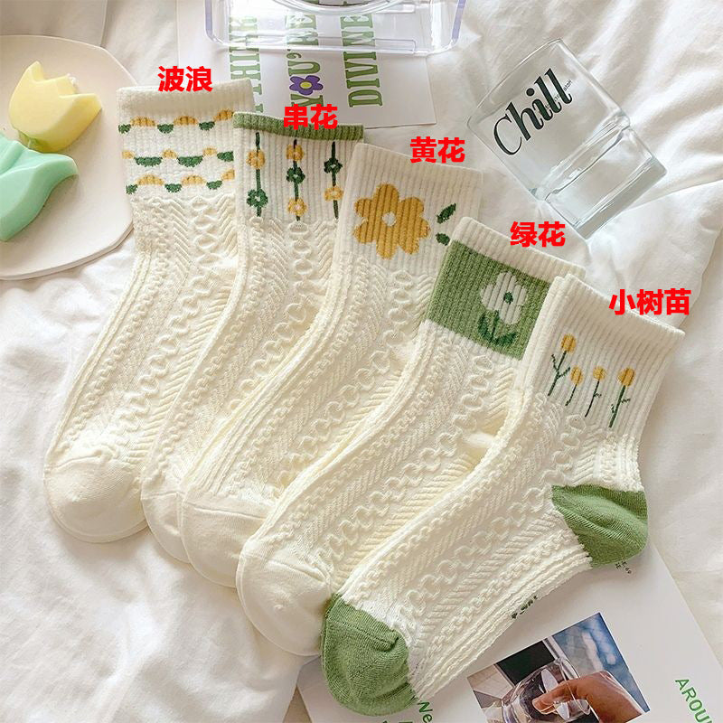 Cotton Floral Crew Socks for Women | Green Patterned Casual Socks
