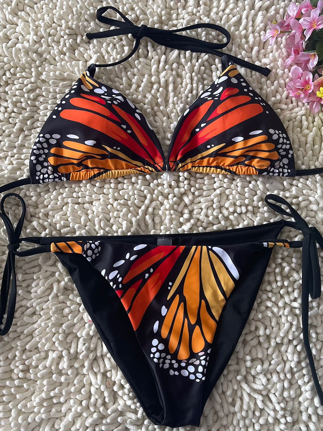 Butterfly Print Deep V Halter Tie-Side Bikini | Women's Beach Swimwear