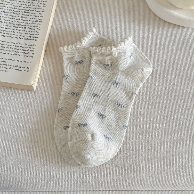 Bow Ruffle Ankle Socks for Women | Thin Summer Patterned Cotton Socks