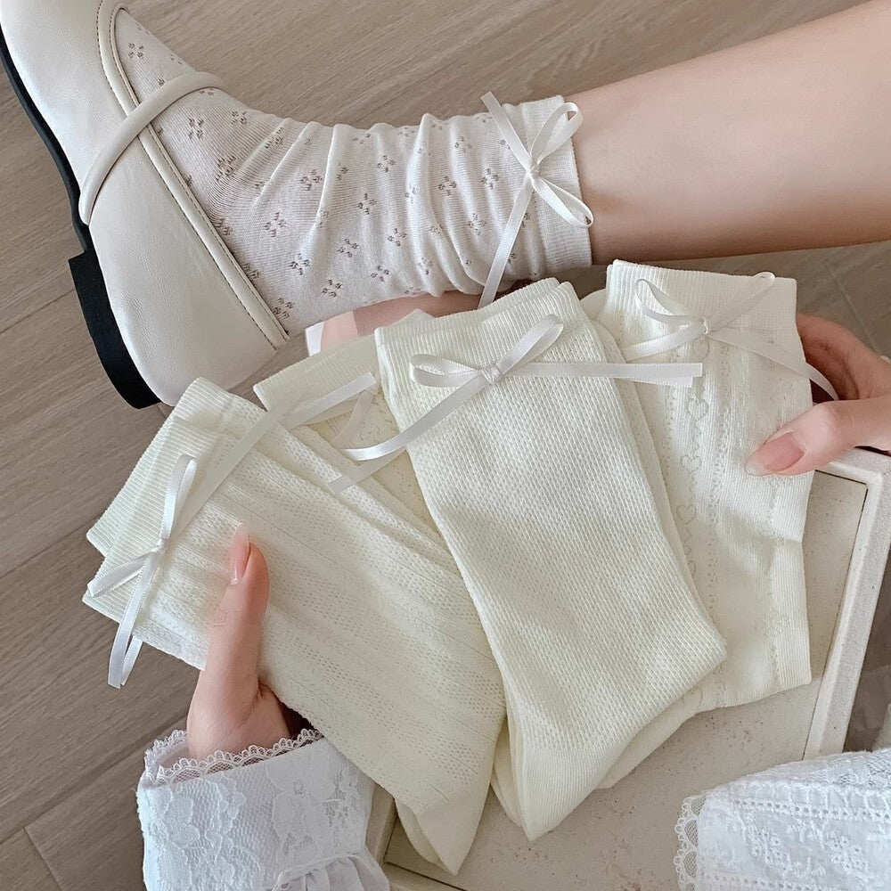 White Bow Crew Socks for Women | Breathable Summer Mid-Calf Socks
