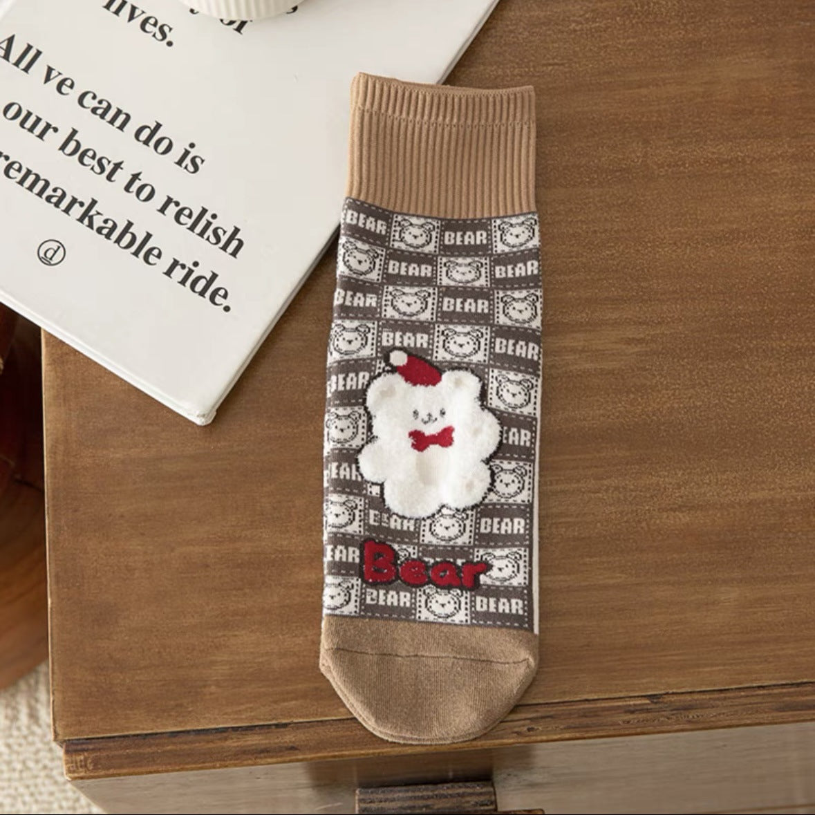 Cute Cotton Novelty Crew Socks | Checkered Bear Women's Socks
