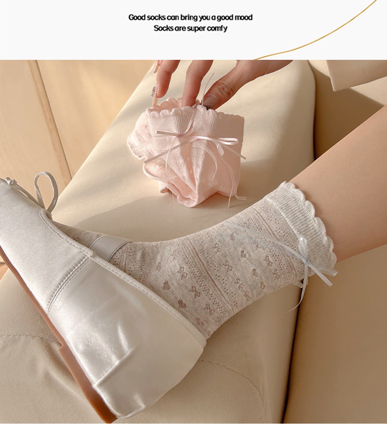 Sheer Cotton Crew Socks for Women | Bow Back Lace Trim