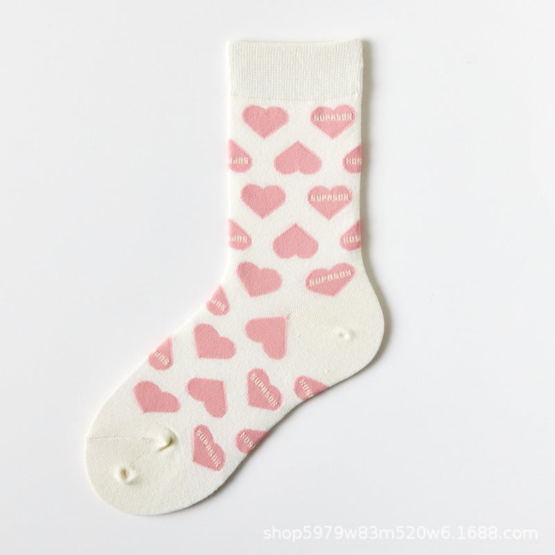 Cute Heart Print Crew Socks for Women | Soft Cotton Casual Socks