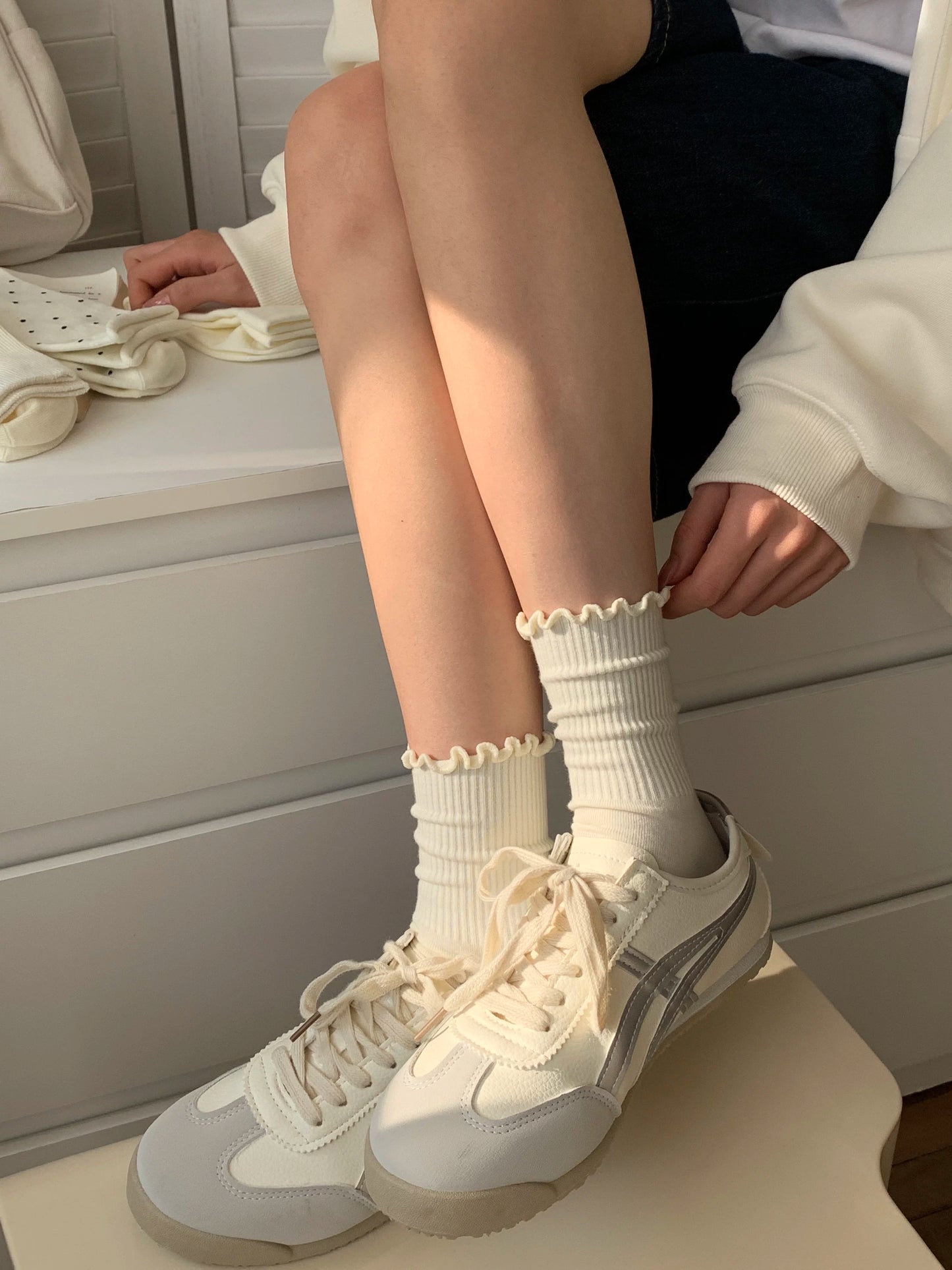 Cream Crew Socks for Women | Cotton Mid-Calf Casual Socks