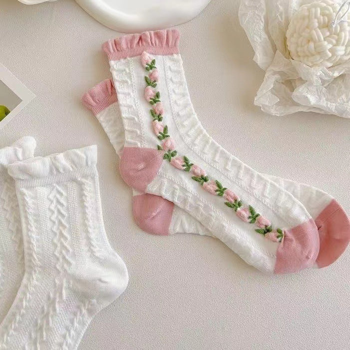 White Ruffle Floral Crew Socks for Women | Cotton JK Style