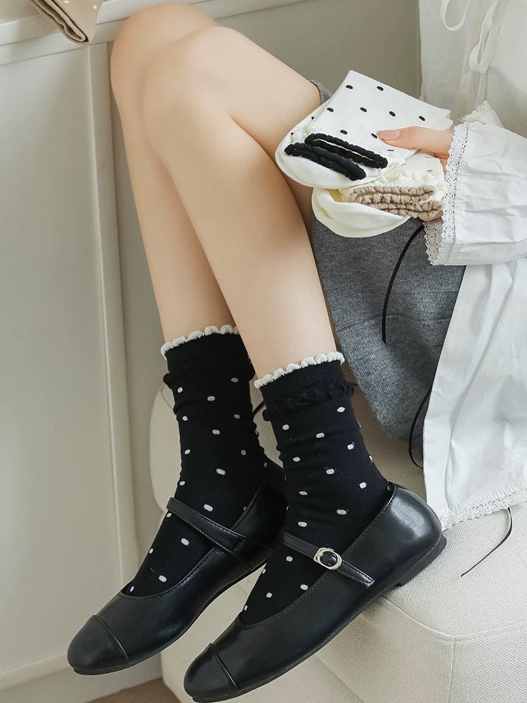 Polka Dot Cotton Crew Socks for Women | Ruffled Lace Trim
