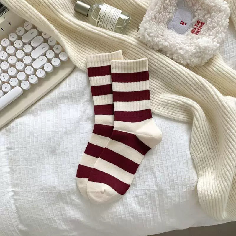 Women's Burgundy Striped Crew Socks | Soft Cotton Casual Socks