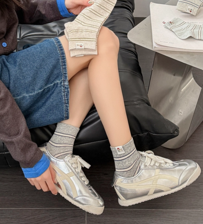 Cute Embroidered Striped Crew Socks for Women
