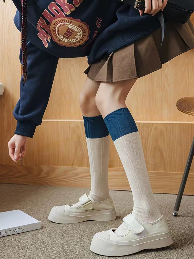 Blue Striped Calf High Socks | Preppy JK Style Women's Socks