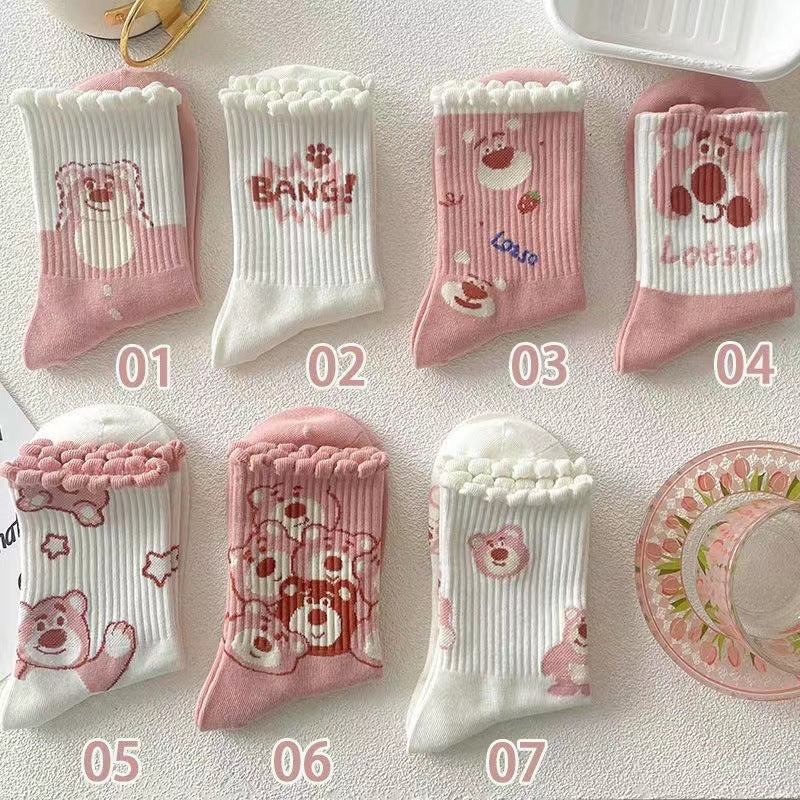 Cute Novelty Crew Socks for Women | Pink Cartoon Cotton Socks