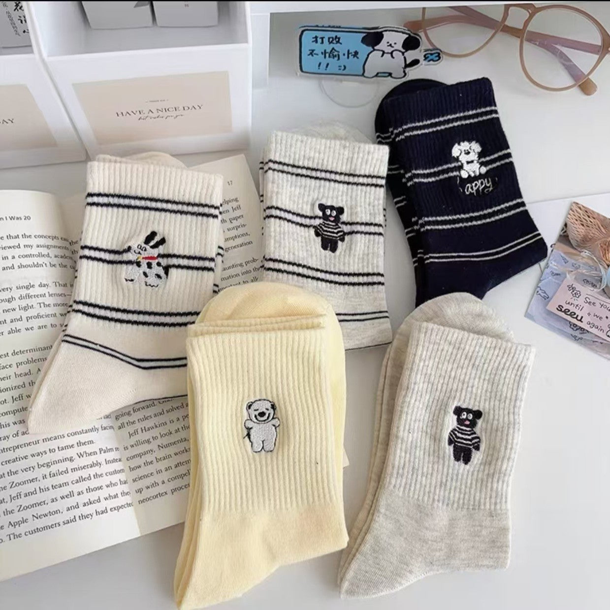 Cute Embroidered Striped Crew Socks for Women