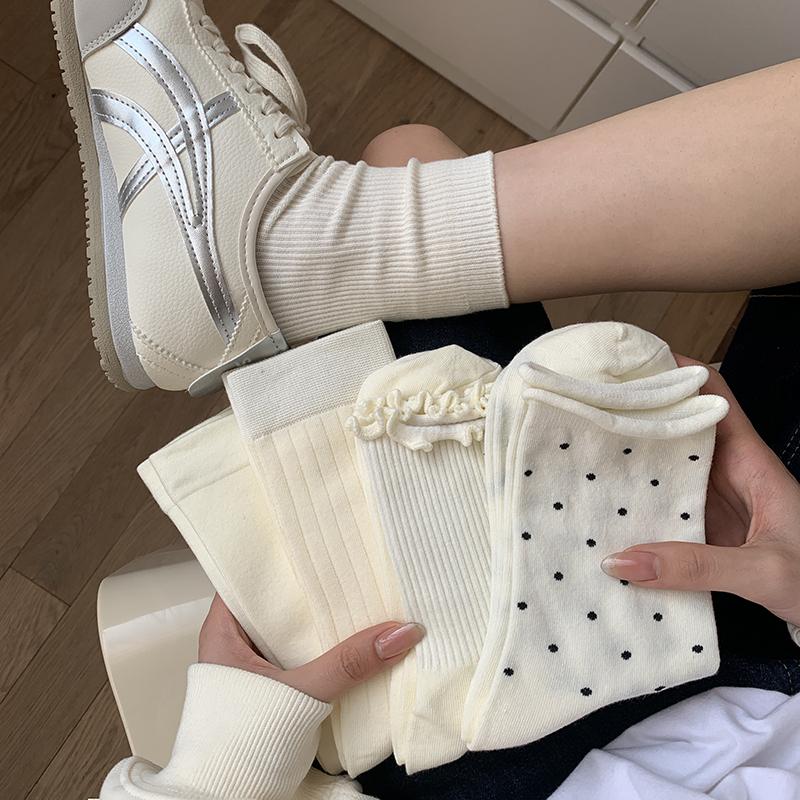 Cream Crew Socks for Women | Cotton Mid-Calf Casual Socks