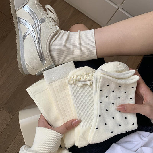 Cream Crew Socks for Women | Cotton Mid-Calf Casual Socks