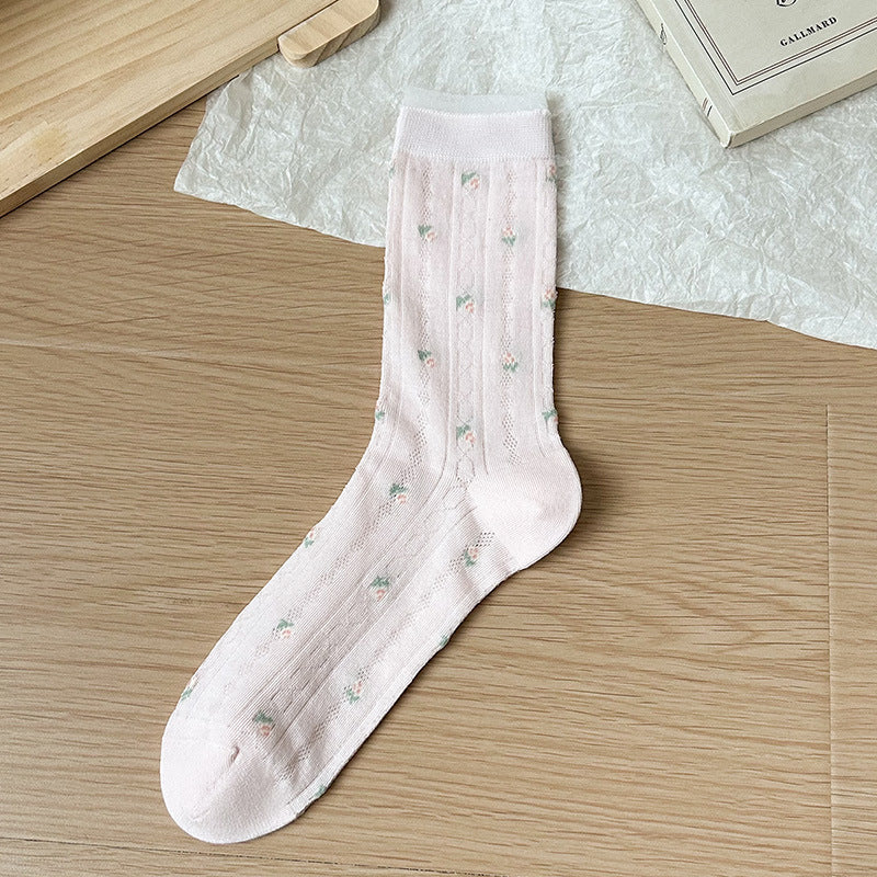 Floral Mesh Cotton Crew Socks for Women | Breathable Spring Summer