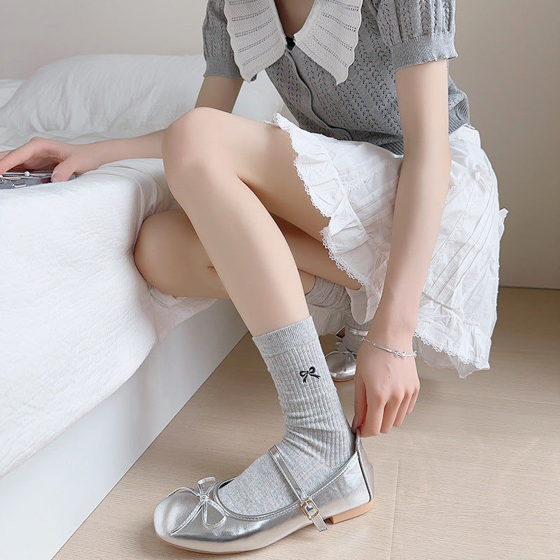 Embroidered Bow Cotton Crew Socks for Women | Casual Everyday Socks