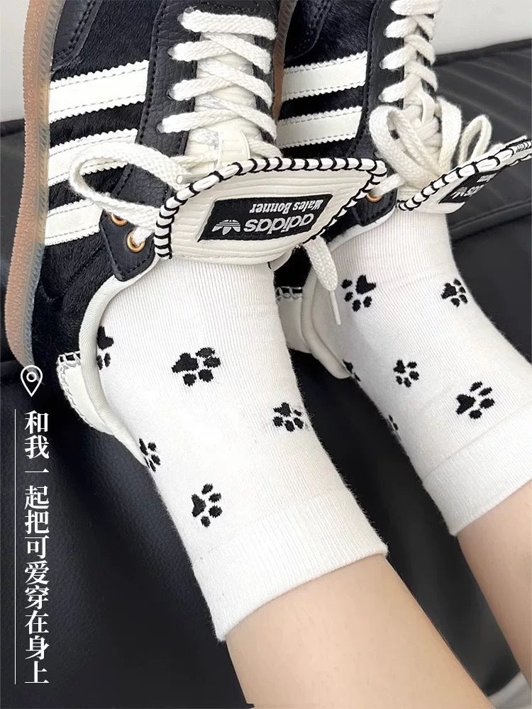 Playful Cat Paw Cotton Crew Socks for Women | Casual Patterned